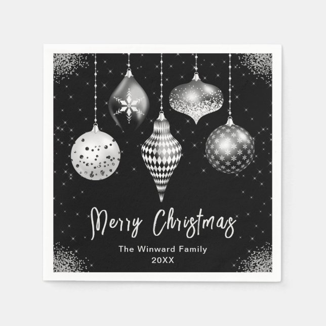 Elegant Silver and Black Ornament Christmas Napkin (Front)