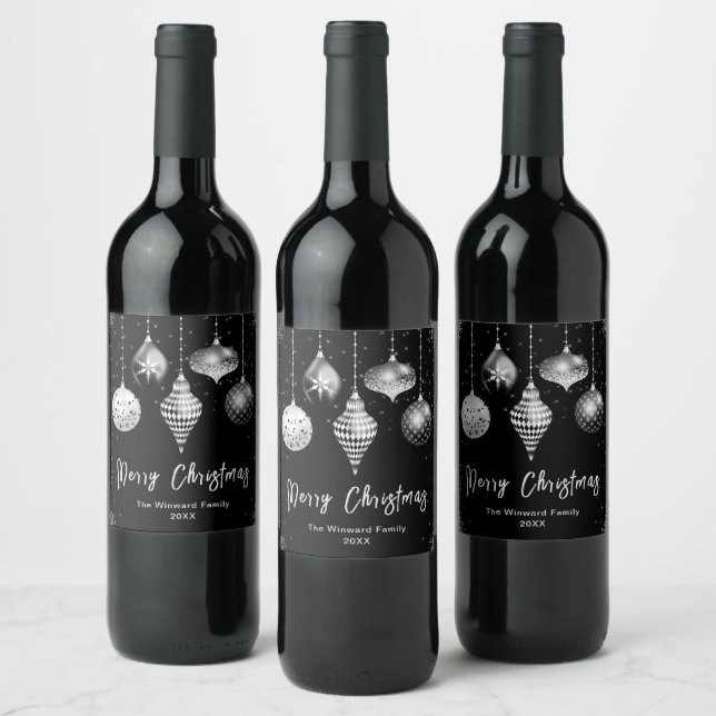 Elegant Silver and Black Ornament Christmas Wine Label (Bottles)