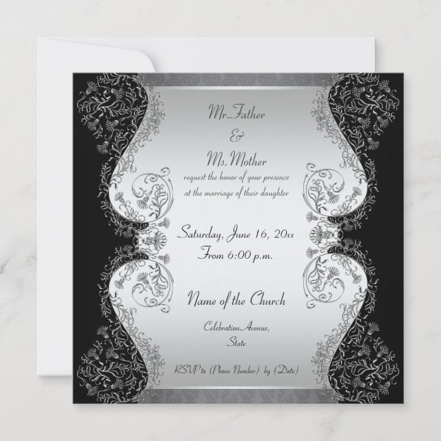 Elegant silver and black wedding invitations (Front)