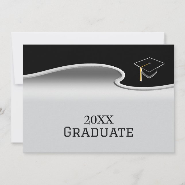 Elegant Silver and Black with Photo Graduation Announcement (Front)
