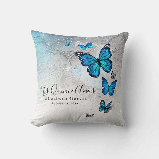 Elegant Silver and Blue Butterfly Mis Quince Anos Cushion (Front)