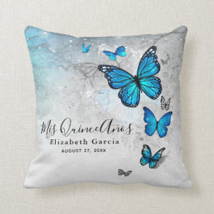 Elegant Silver and Blue Butterfly Mis Quince Anos Cushion