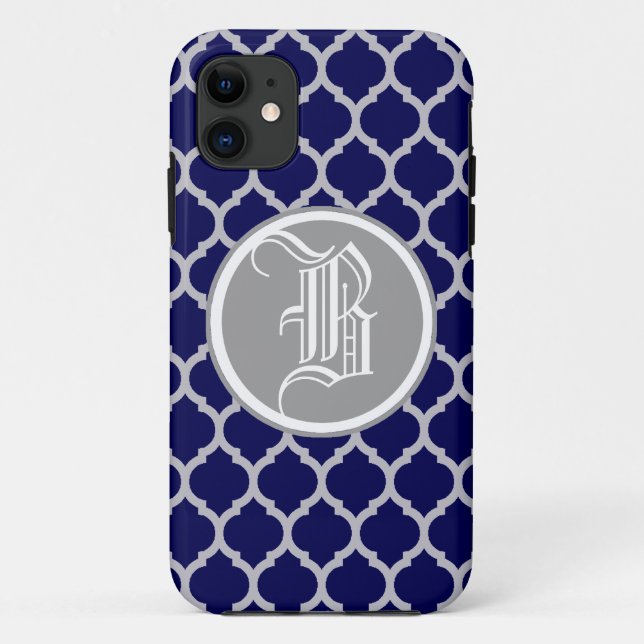 Elegant Silver and Blue Quatrefoil Monogram Custom Case-Mate iPhone Case (Back)