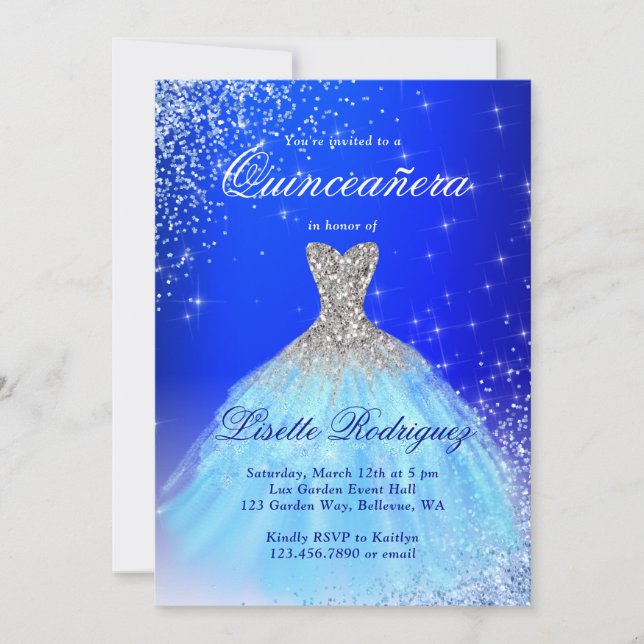Elegant Silver And Blue Quinceanera Invitation (Front)