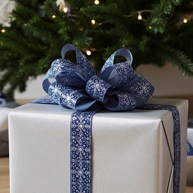 Elegant silver and blue snowflakes pattern satin ribbon (Creator Uploaded)