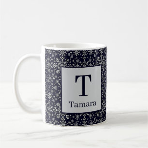 Elegant silver and blue snowflakes personalised coffee mug