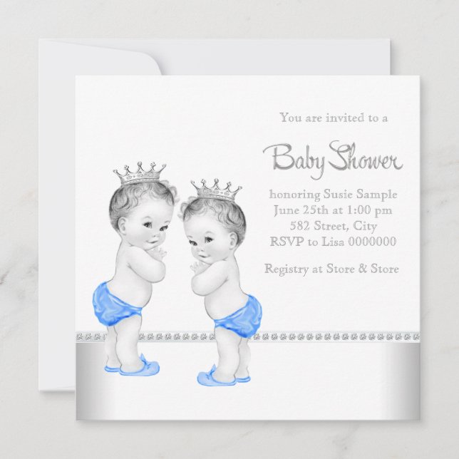Elegant Silver and Blue Twin Boy Baby Shower Invitation (Front)