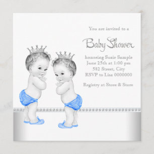 Elegant Silver and Blue Twin Boy Baby Shower Invitation