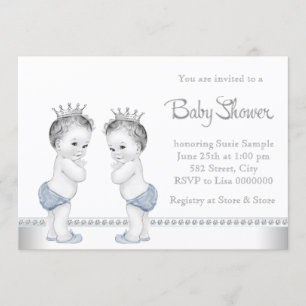 Elegant Silver and Blue Twin Boy Baby Shower Invitation
