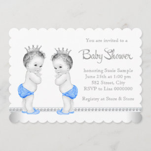 Elegant Silver and Blue Twin Boy Baby Shower Invitation
