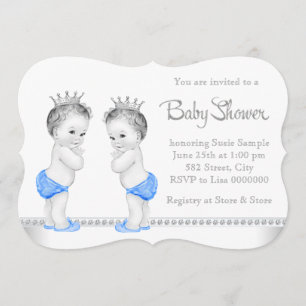 Elegant Silver and Blue Twin Boy Baby Shower Invitation