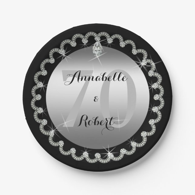 Elegant Silver and Diamonds 70th Anniversary Paper Plate (Front)