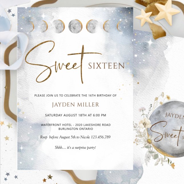 Elegant Silver and Gold Celestial Sweet Sixteen Invitation (Creator Uploaded)