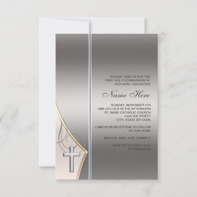 Elegant Silver and Gold First Communion Invitation (Front)
