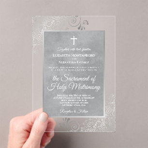 Elegant Silver and Gray Ornate Catholic Wedding Acrylic Invitations