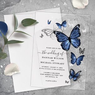 Elegant Silver and Navy Blue Butterfly Wedding Acrylic Invitations