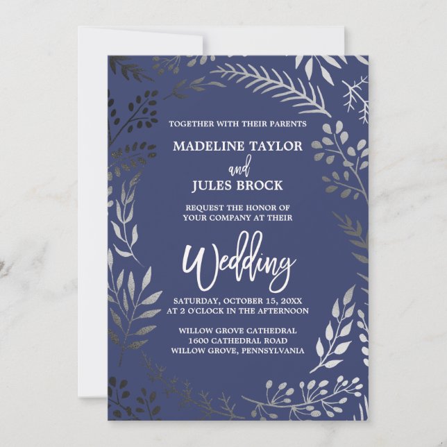 Elegant Silver and Navy | Leafy Frame Wedding Invitation (Front)