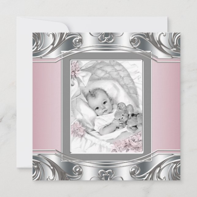 Elegant Silver and Pink Baby Girl Shower Invitation (Front)