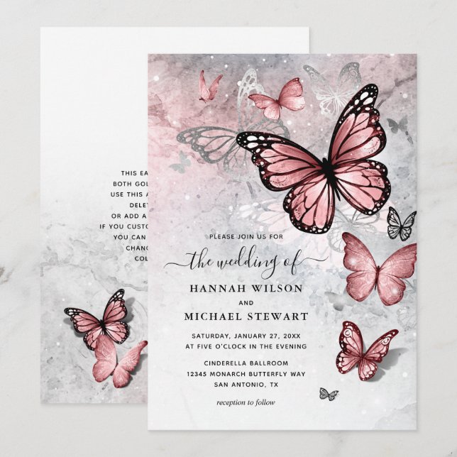Elegant Silver and Pink Butterfly Wedding Invitation (Front/Back)