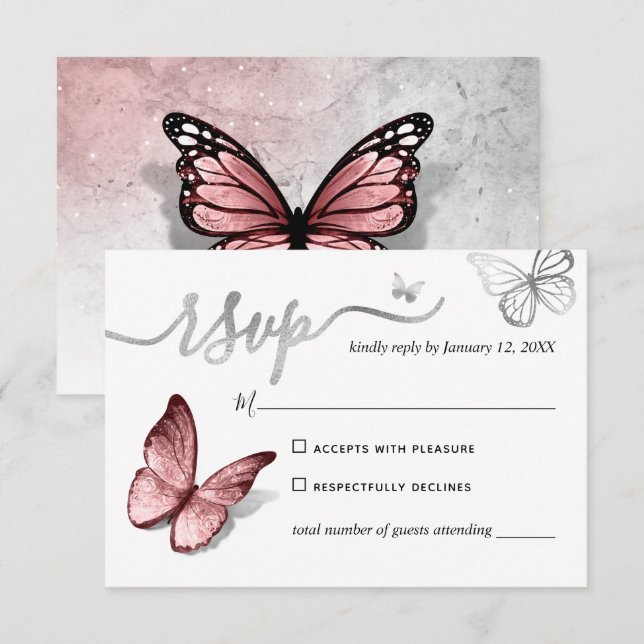 Elegant Silver and Pink Butterfly Wedding RSVP Card (Front/Back)