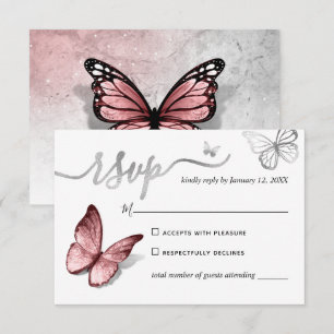 Elegant Silver and Pink Butterfly Wedding RSVP Card