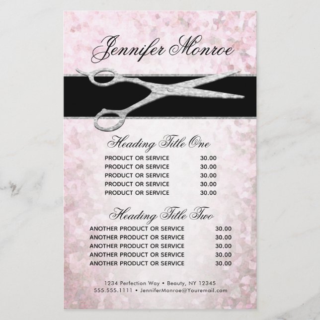 Elegant Silver and Pink Glam Services and Pricing (Front)