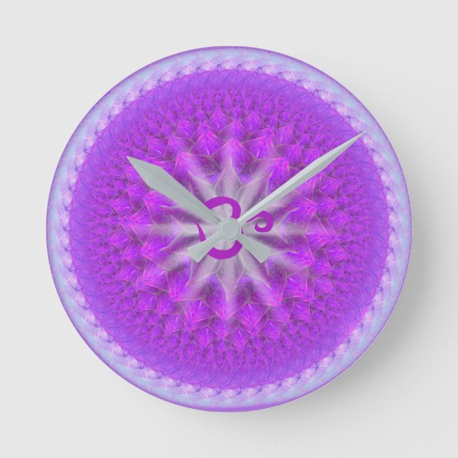 Elegant silver and purple crown chakra time round clock (Front)