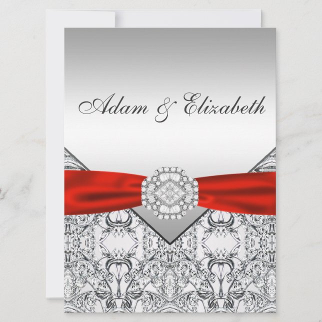 Elegant Silver and Red Wedding Invitations (Front)