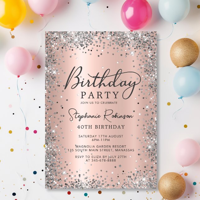 Elegant Silver and Rose Gold Metal 40th Birthday  Invitation (Creator Uploaded)