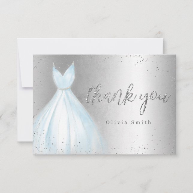 Elegant silver and sparkle blue dress quinceañera thank you card (Front)