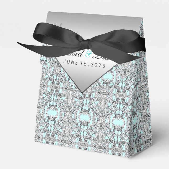 Elegant Silver and Teal Blue Wedding Favour Box (Front Side)