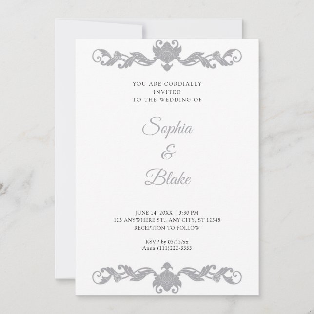 Elegant Silver and White Art Deco Wedding Invitation (Front)
