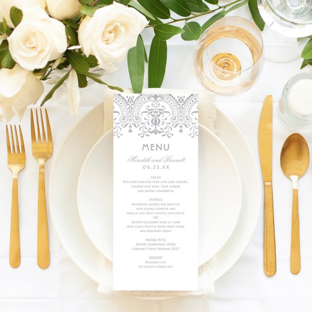 Elegant Silver and White Vintage Glamour Wedding Menu (Creator Uploaded)