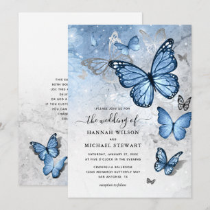 Elegant Silver Baby Blue Butterfly Wedding Invitation