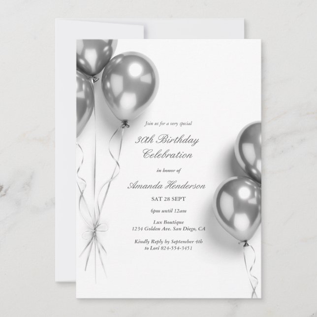 Elegant Silver Balloon Birthday Party Invitation (Front)