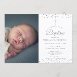 Elegant Silver Baptism, Christening Photo Invitation