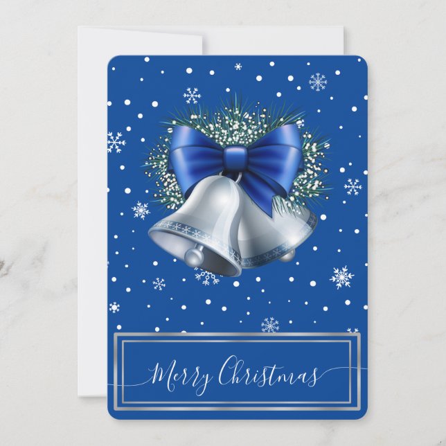 Elegant Silver Bell & Blue Ribbon Custom Christmas Holiday Card (Front)