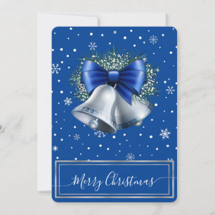 Elegant Silver Bells With Blue Ribbon & Snowflakes Holiday Card