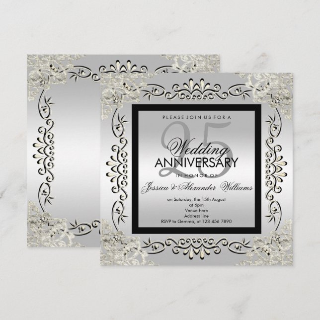 Elegant Silver & Black 25th Wedding Anniversary Invitation (Front/Back)