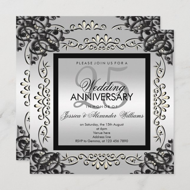 Elegant Silver & Black 25th Wedding Anniversary Invitation (Front/Back)