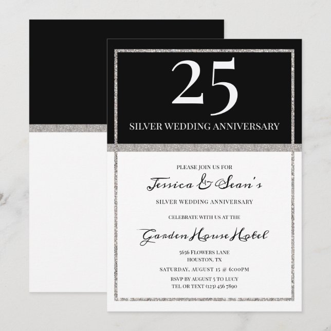 Elegant Silver & Black 25th Wedding Anniversary Invitation (Front/Back)