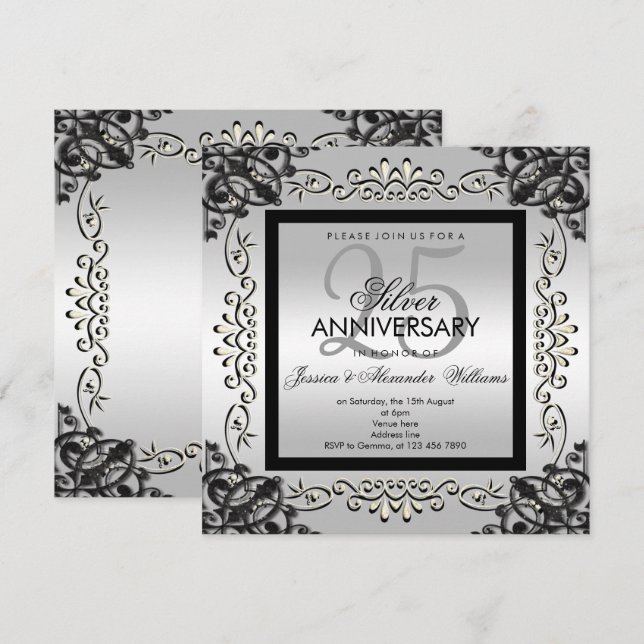 Elegant Silver & Black 25th Wedding Anniversary Invitation (Front/Back)