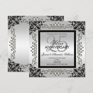 Elegant Silver & Black 25th Wedding Anniversary Invitation