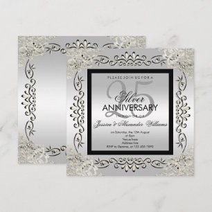 Elegant Silver & Black 25th Wedding Anniversary Invitation
