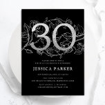 Elegant Silver Black 30th Birthday Invitation<br><div class="desc">Elegant silver black 30th birthday party invitation. Customisable modern feminine design featuring roses botanical accents and faux glitter silver. Simple floral invite card perfect for a stylish female bday celebration. Personalise with your own details. Printed Zazzle invitations or instant download digital printable template.</div>