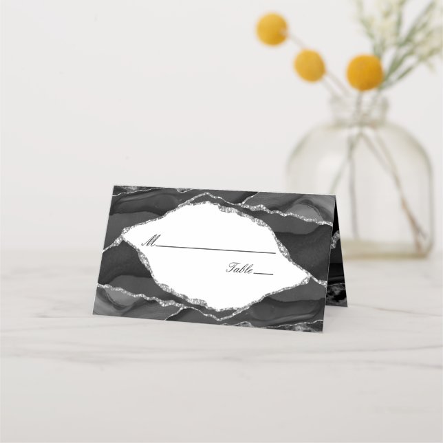 Elegant Silver Black Agate Wedding Place Card (Front)