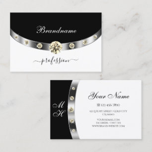 Elegant Silver  Black and White Monogram Diamonds  Business Card