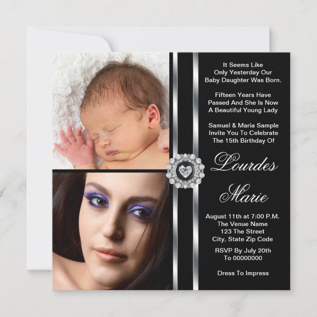 Elegant Silver Black and White Photo Quinceanera Invitation (Front)
