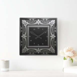 Elegant Silver Black Art Deco Square Wall Clock