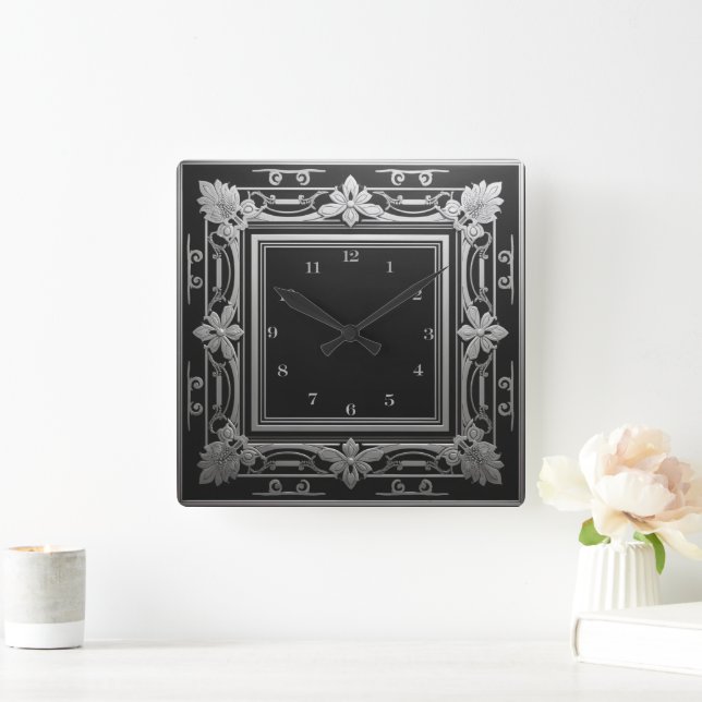 Elegant Silver Black Art Deco Square Wall Clock (Home)